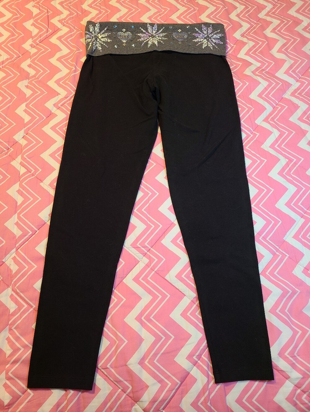 VTG VS PINK YOGA Bling Snowflake Foldover Cotton Leggings Size M - Picture 5 of 7